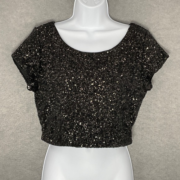 Express Tops - Express Sequin Top Party Sparkly Crop Short Sleeve Blouse Black‎ Size M